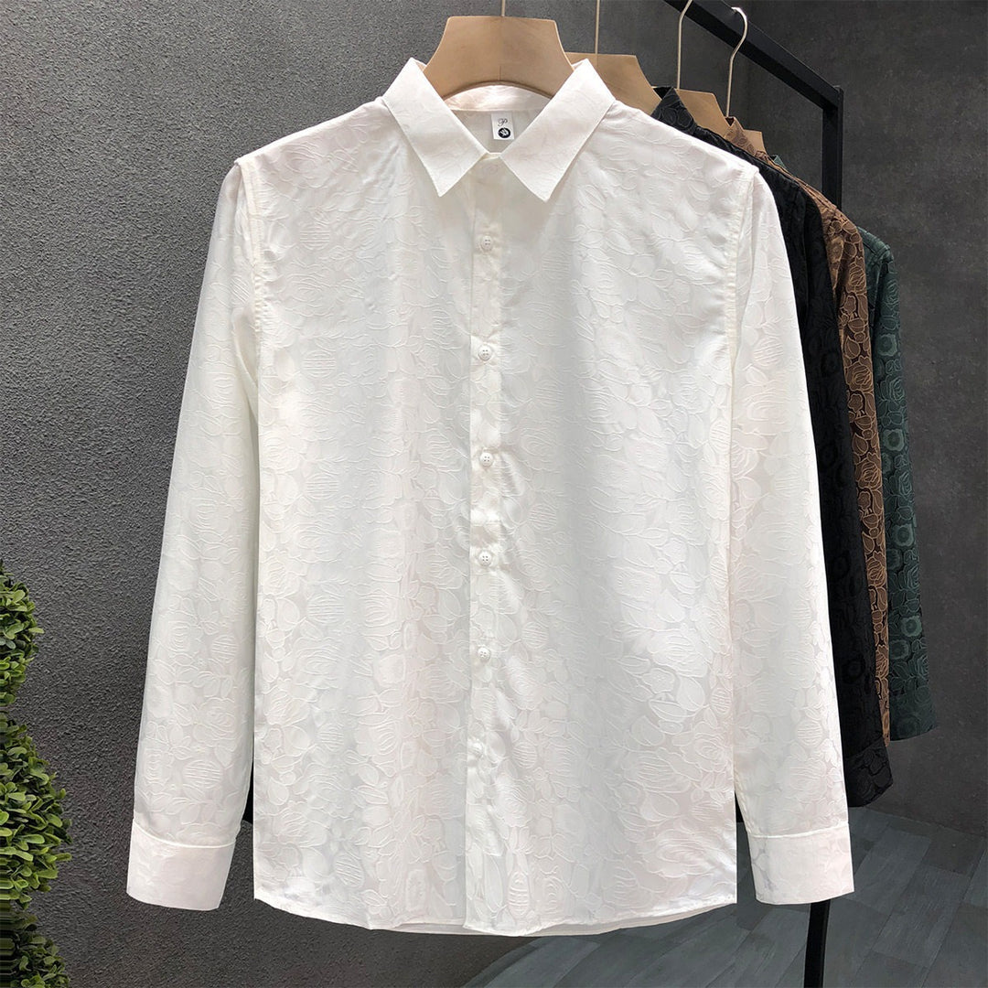 Herren Langärmeliges Jacquard-Hemd mit feinem Blumenrelief und Kentkragen – Arvello