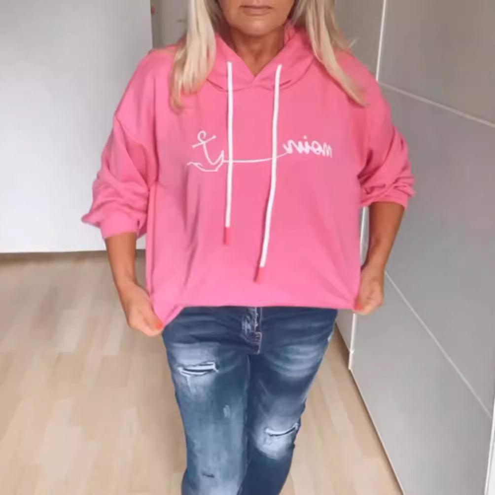 Damen nan lässiger Kapuzenpullover mit minimalistischer Liniengrafik, Kordelzug und geripptem Saum Echo Archiv