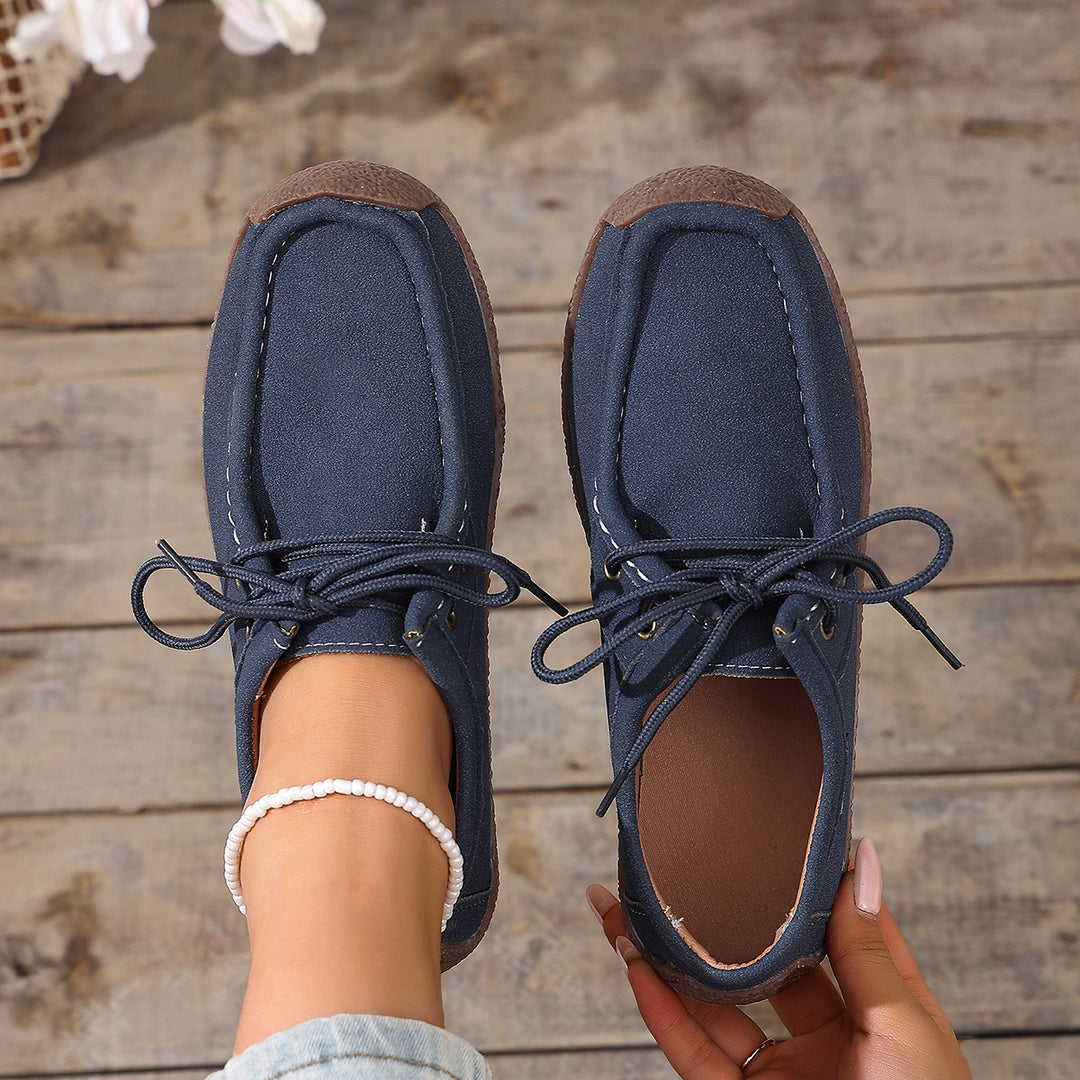 Damen lässige Mokassin-Slipper aus Veloursimitat mit dekorativer Ziernaht, elastischer Schnürung und flexibler Gummisohle – Lioré