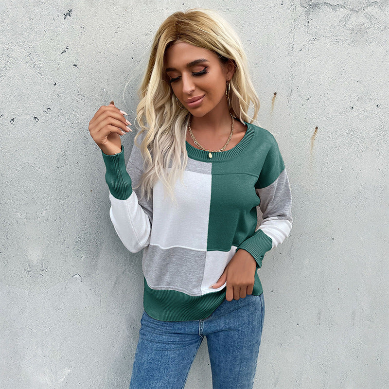 Damen Patchwork-Strickpullover mit kontrastierenden Feldern, Rundhalsausschnitt und gerippten Abschlüssen – Mavelle