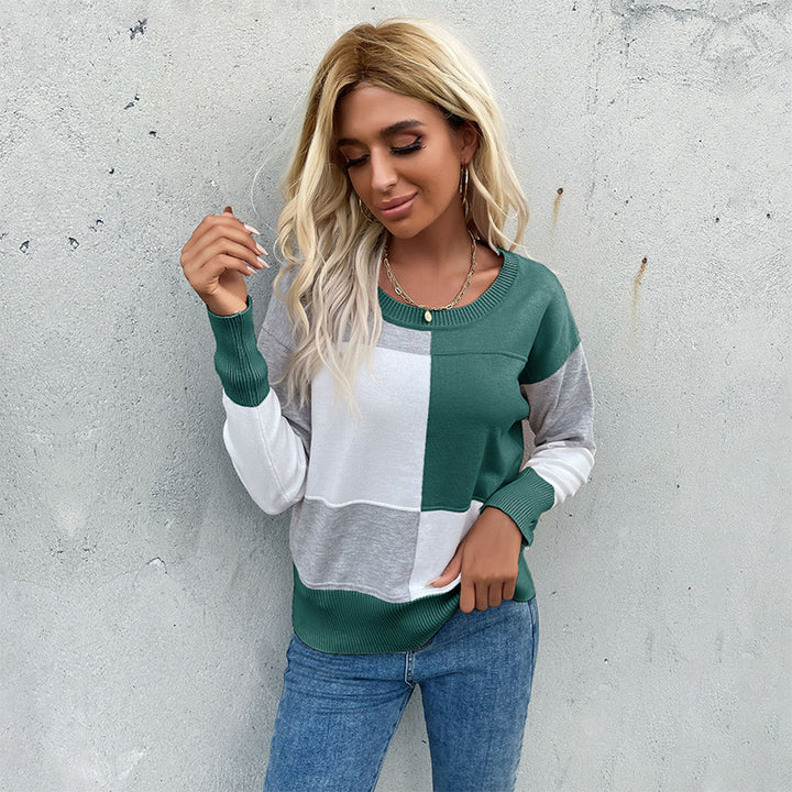 Damen Patchwork-Strickpullover mit kontrastierenden Feldern, Rundhalsausschnitt und gerippten Abschlüssen – Mavelle