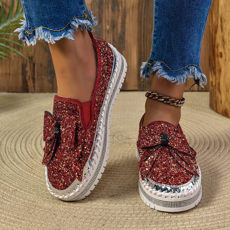 Damen Glitzer-Plateau-Slipper mit Schleifenapplikation und profilierter Komfortsohle Echo Archiv