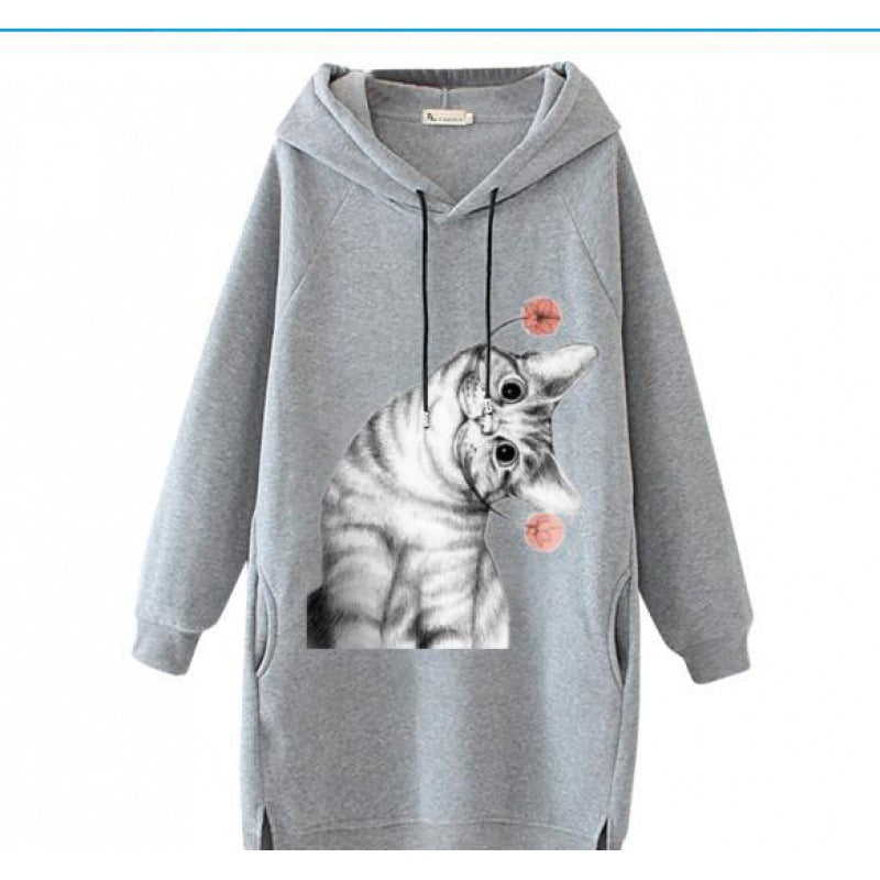 Damen Oversize Kapuzenkleid aus Sweat mit großem Katzenprint und Seitentaschen – Auréline