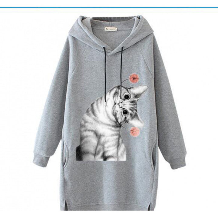 Damen Oversize Kapuzenkleid aus Sweat mit großem Katzenprint und Seitentaschen – Auréline