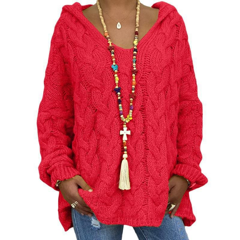Damen Oversized Zopfmuster-Strickpullover mit Kapuze und lässigem V‑Ausschnitt Echo Archiv