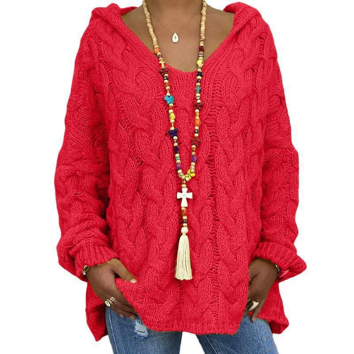 Damen Oversized Zopfmuster-Strickpullover mit Kapuze und lässigem V‑Ausschnitt Echo Archiv
