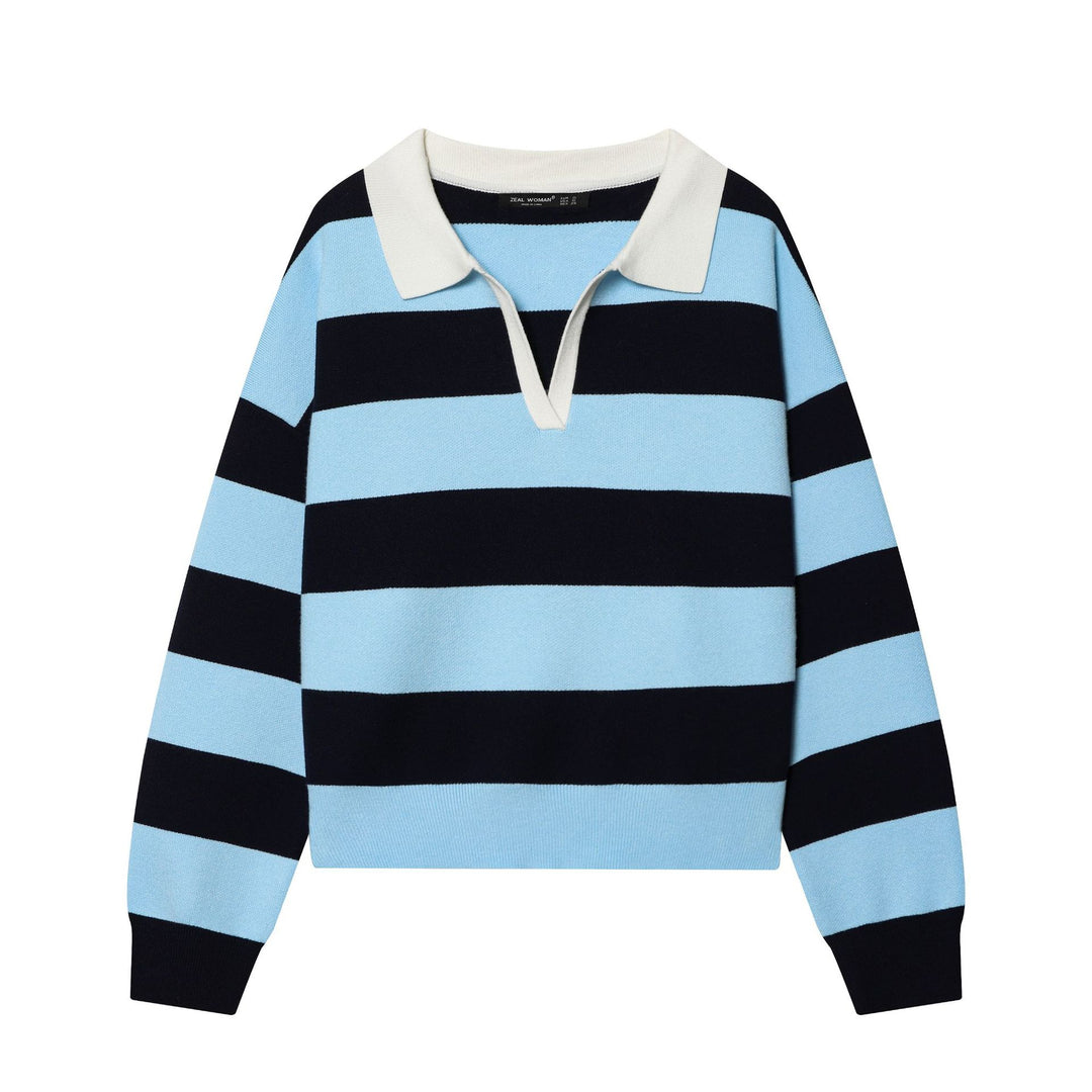 Damen nan gestreifter Rugby-Pullover mit Polokragen, V-Ausschnitt und kastiger Oversize-Silhouette Echo Archiv