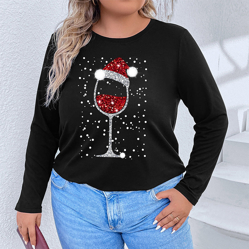 Damen Langarmshirt mit funkelndem Weihnachts-Weinglas-Print Echoarchiv