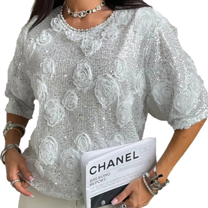 Damen nan elegante Paillettenbluse mit dreidimensionalen Rosenapplikationen, Rundhalsausschnitt und halblangen Ärmeln Echo Archiv