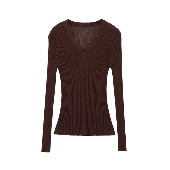 Damen Figurbetontes Rippstrick-Longsleeve mit V-Ausschnitt und Zierknopfleiste Echo Archiv
