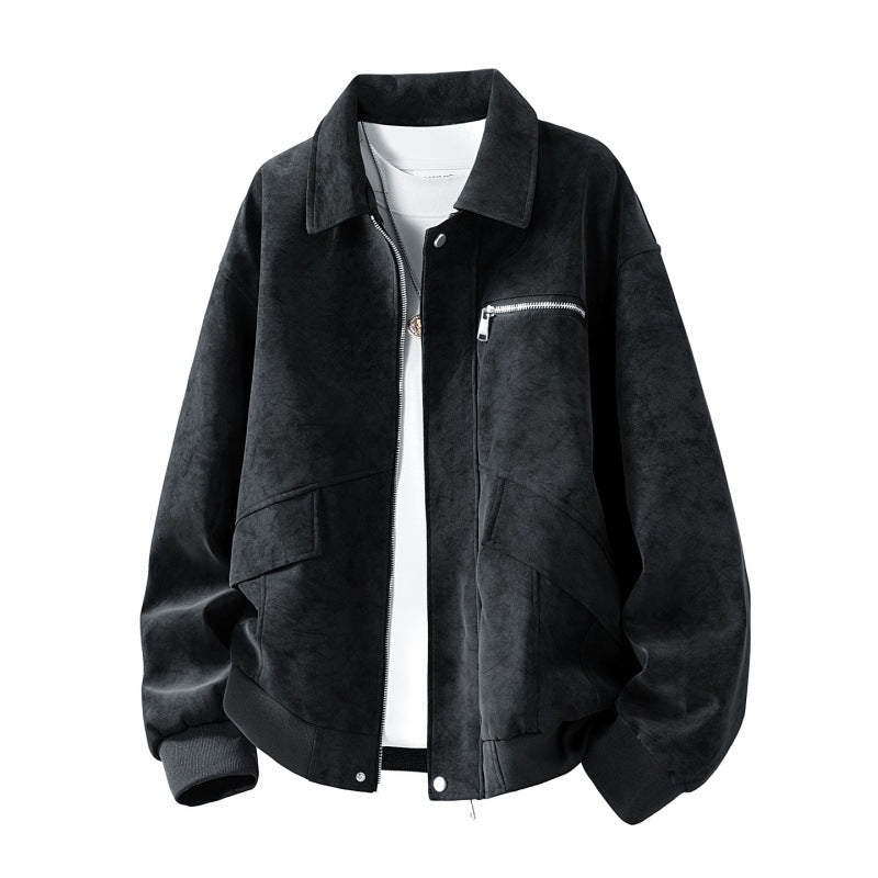 Herren Boxy-Blousonjacke im Veloursleder‑Look mit Brustreißverschluss, Pattentaschen & geripptem Saum Echoarchiv