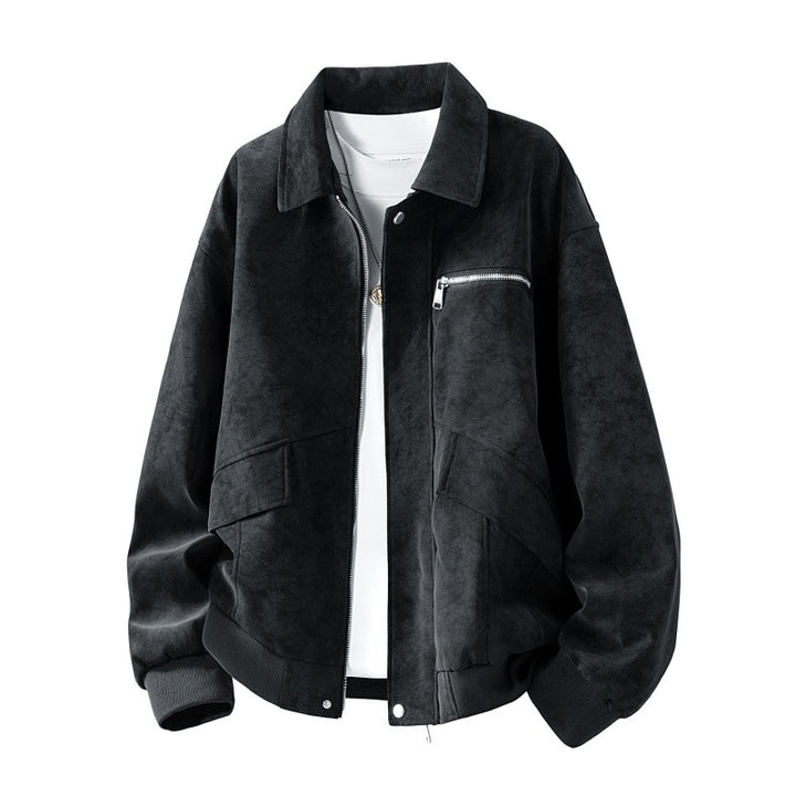 Herren Boxy-Blousonjacke im Veloursleder‑Look mit Brustreißverschluss, Pattentaschen & geripptem Saum Echoarchiv