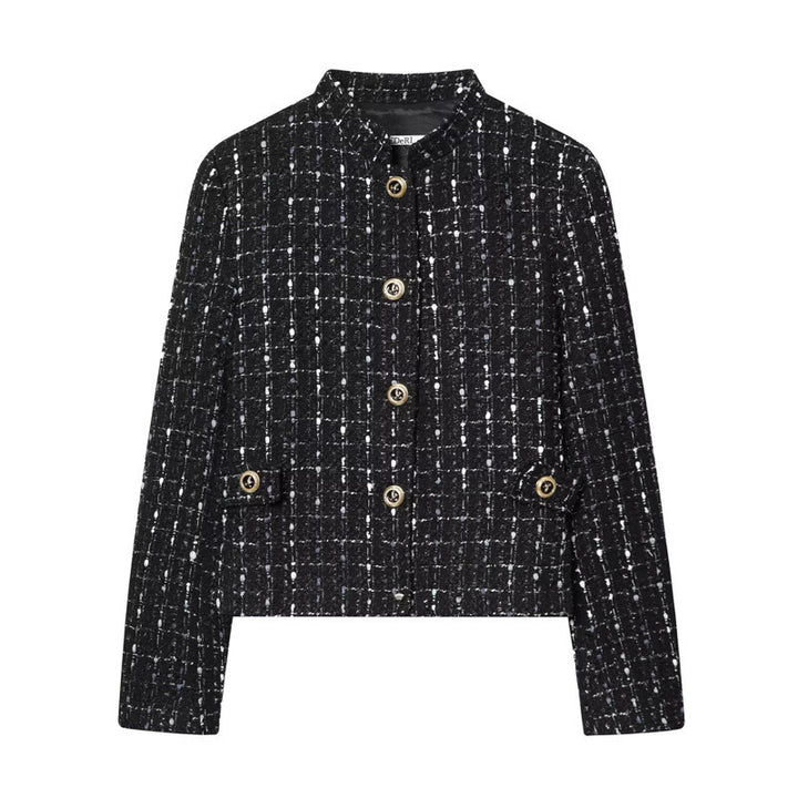 Damen kurze Bouclé‑Tweed‑Jacke mit Stehkragen, Zierknöpfen und Pattentaschen Echo Archiv