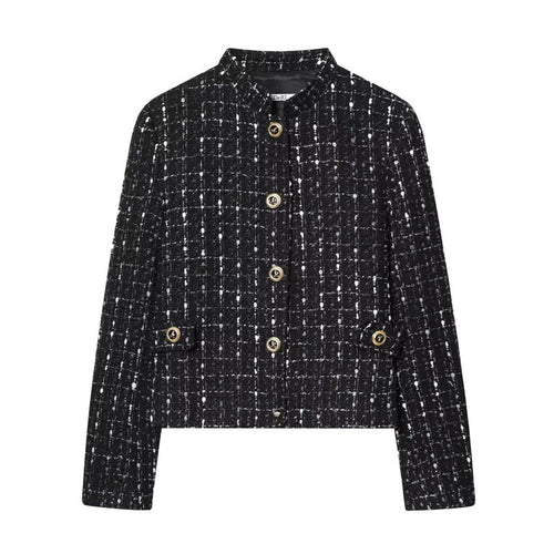 Damen kurze Bouclé‑Tweed‑Jacke mit Stehkragen, Zierknöpfen und Pattentaschen Echo Archiv