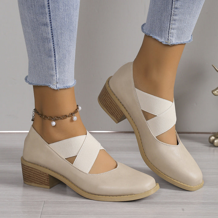 Damen Slipper-Pumps mit kreuzenden Elastikriemen und Blockabsatz Echoarchiv