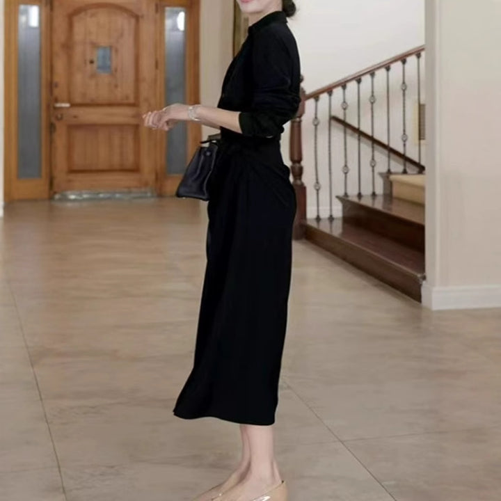 Damen Midikleid im Hemdblusen-Stil mit Taillenbindung und fließender A-Linie Echoarchiv