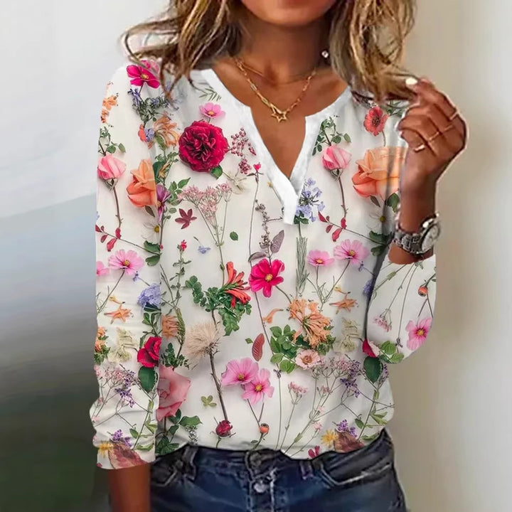 Damen Floral Lange Bluse im Chiffon-Look mit V-Schlitz und Lässiger Silhouette Echoarchiv
