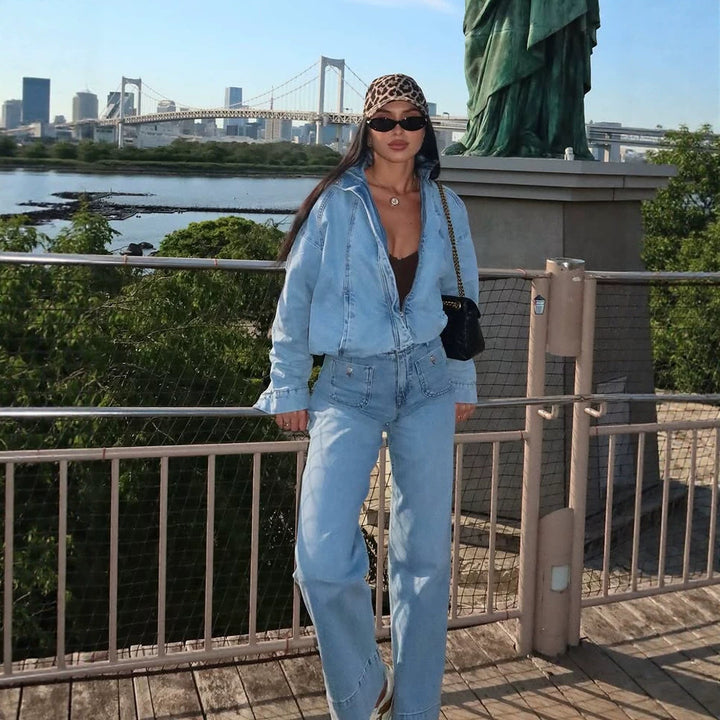 Damen Cropped Denimjacke im Bomberstil mit hohem Stehkragen und oversized Ärmeln Echoarchiv
