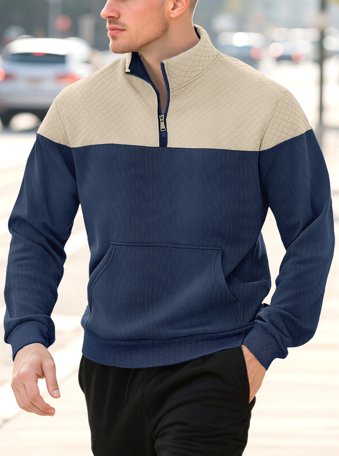Herren nan Halbzip-Sweatshirt mit gesteppter Schulterpartie Kängurutasche und gerippten Bündchen Echo Archiv