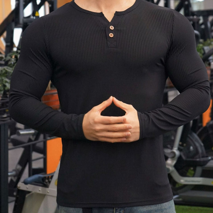 Herren Langarmshirt mit strukturiertem Design und Knopfleiste Echoarchiv