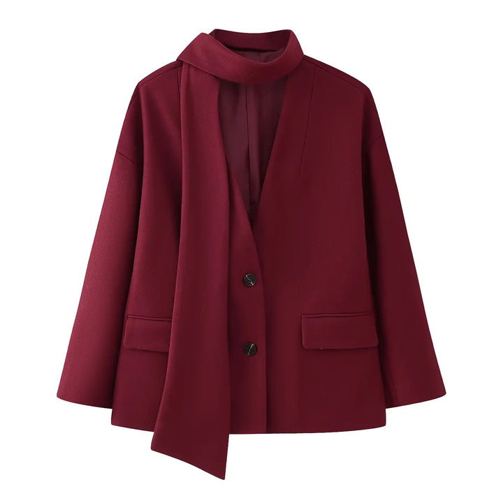 Damen kastiger Mantelblazer mit integriertem Schlauchschal, legerer Boxy‑Silhouette und Pattentaschen – Célinea
