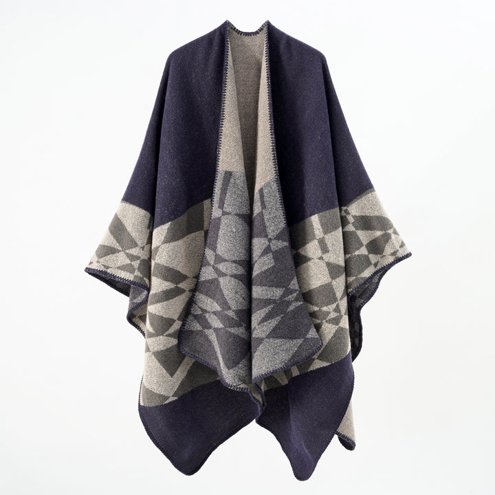 Damen Großer Strickponcho im Cape‑Schnitt mit Ziernaht und geometrischem Intarsia – Veloura