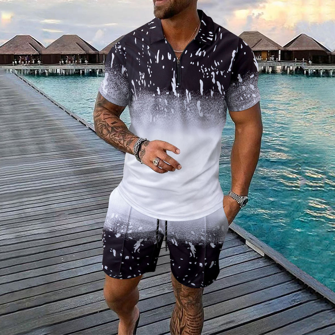 Herren sportliches Kurzarm T-Shirt mit Reißverschluss und grafischem Design Echoarchiv