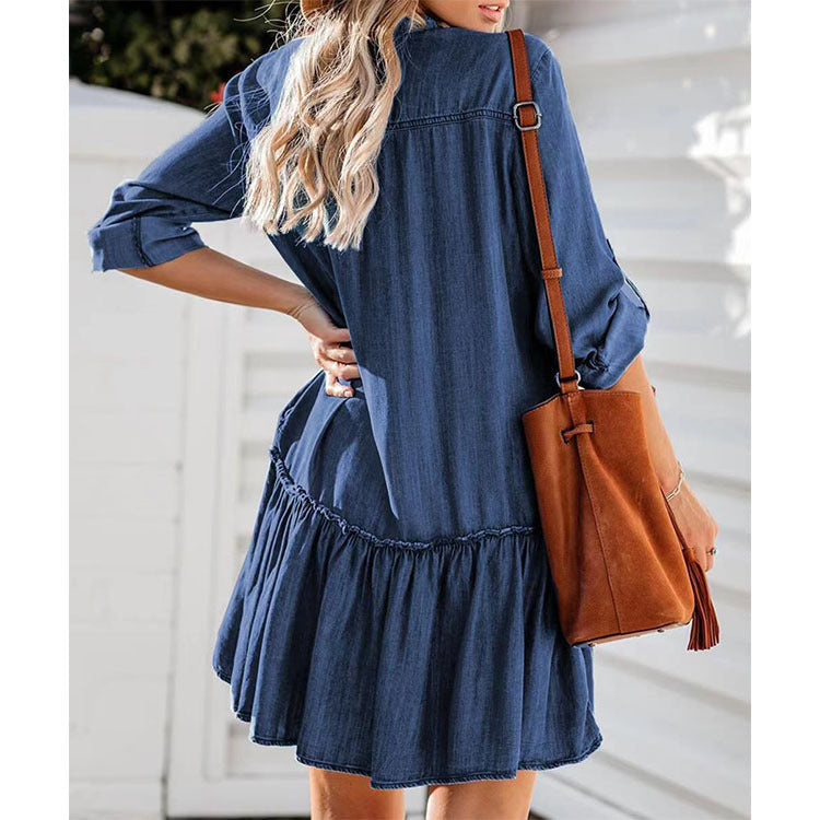 Damen nan locker fallendes Jeans-Hemdkleid mit Volantstufe und aufgesetzten Taschen Echo Archiv