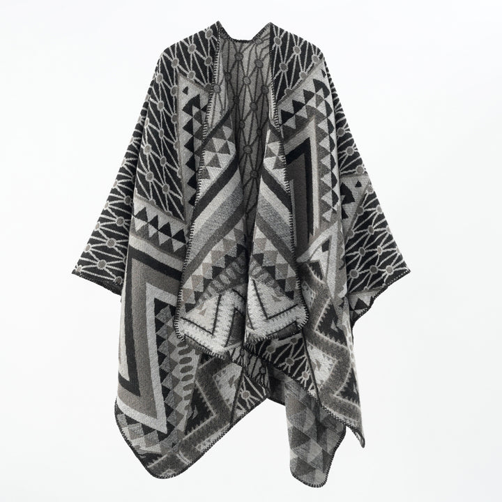 Damen Strukturiertes Jacquard-Poncho-Überwurf mit grafischem Ethno-Muster und offenem Kimono-Fall – Célinea