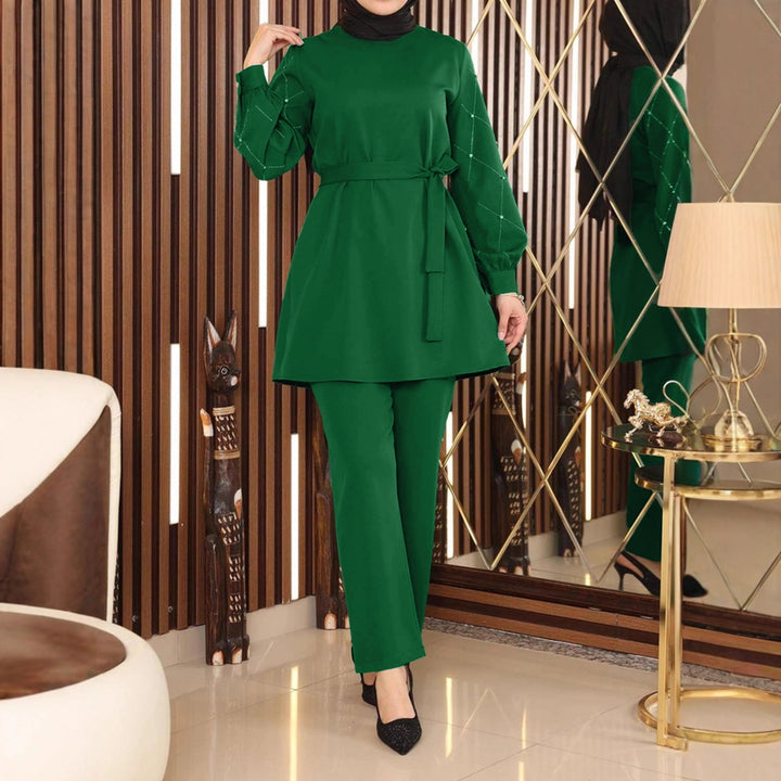 Damen Elegantes zweiteiliges Tunika-Set mit Taillengürtel und Zierärmeln – Élanora