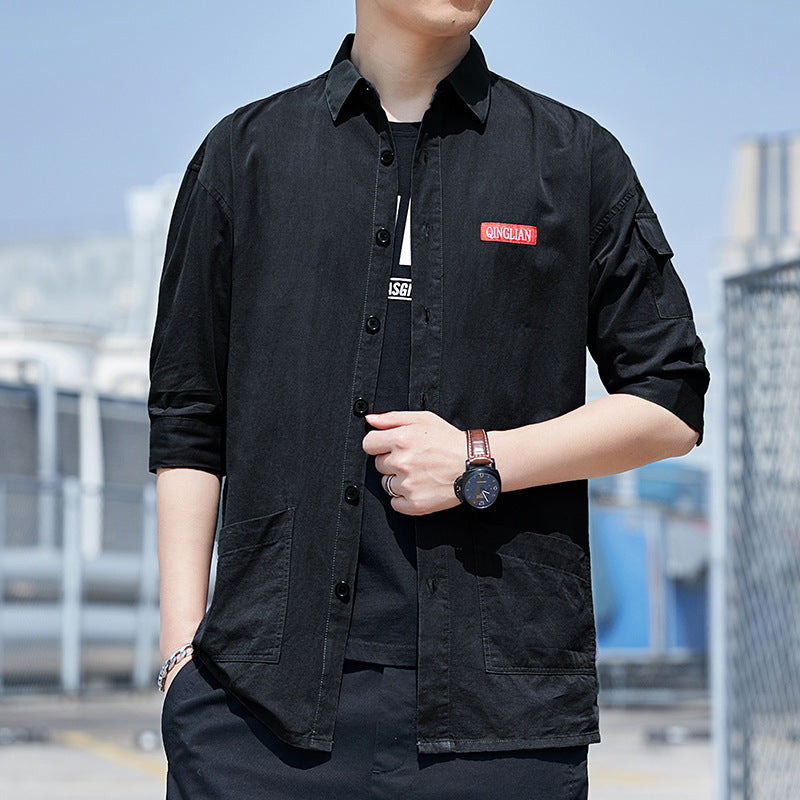 Herren Overshirt‑Hemdjacke im leichten Canvas‑Look mit aufgesetzten Fronttaschen und verkürzten Ärmeln Echoarchiv