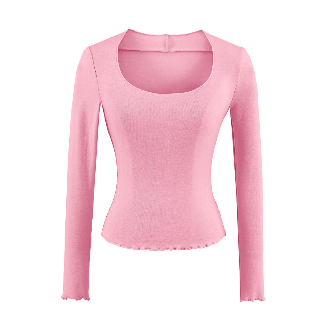 Damen Figurbetontes Langarm-Feinstrickshirt mit quadratischem Ausschnitt und Wellensaum Echoarchiv