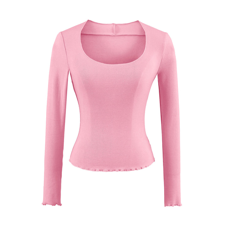 Damen Figurbetontes Langarm-Feinstrickshirt mit quadratischem Ausschnitt und Wellensaum Echoarchiv