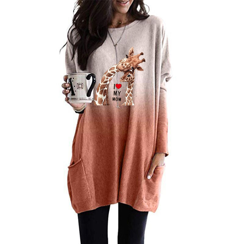 Frauen Übergroße Sweatkleid mit Giraffenmuster, Rundhalsausschnitt und Seitentaschen Echoarchiv