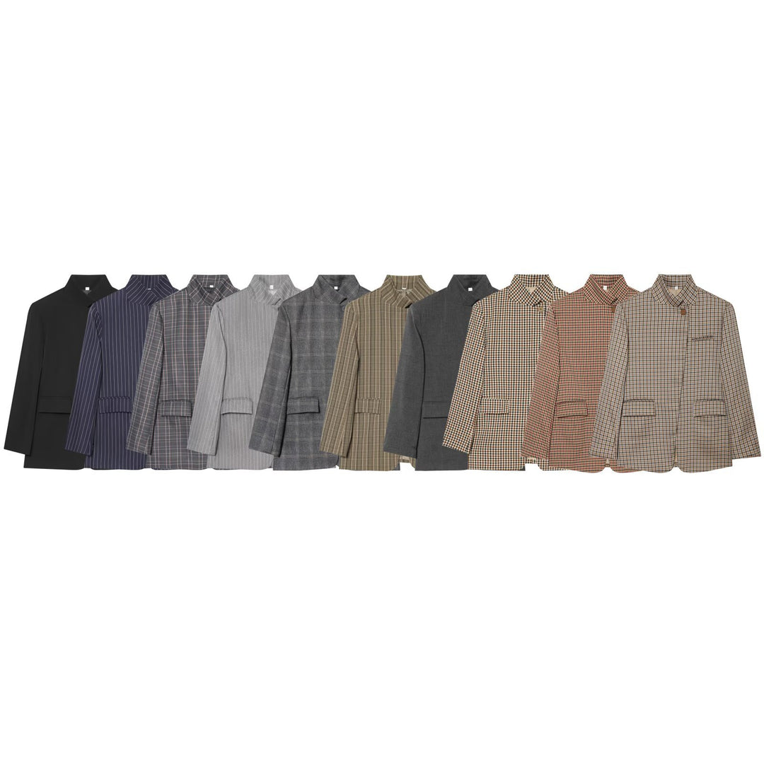 Damen Karierter Longblazer mit Stehkragen, verdeckter Knopfleiste und Pattentaschen Echoarchiv