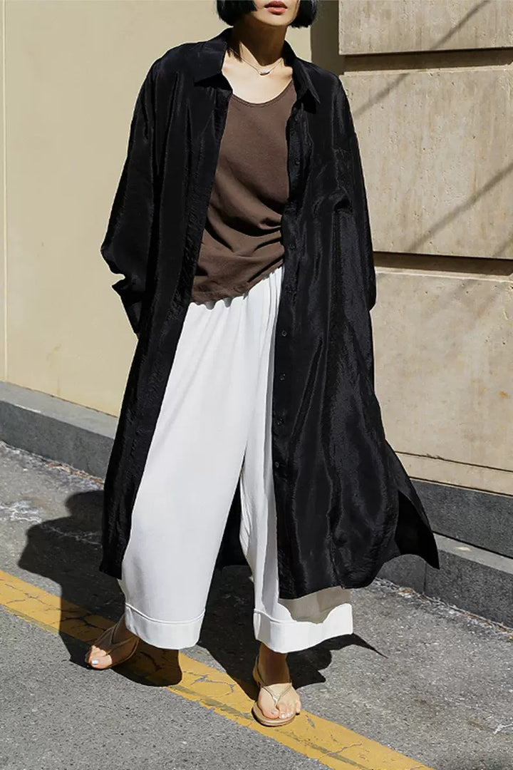 Damen Oversize Hemdblusen-Mantel mit Brusttasche, Seitenschlitz und fließender Leinenoptik – Maréline