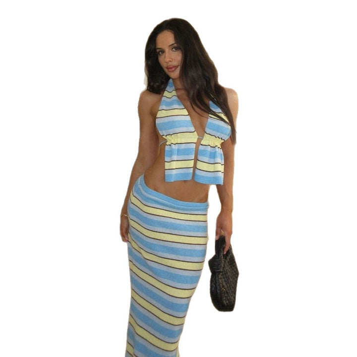 Damen trendiges gestricktes Outfit mit bandeau und langem Rock Echo Archiv