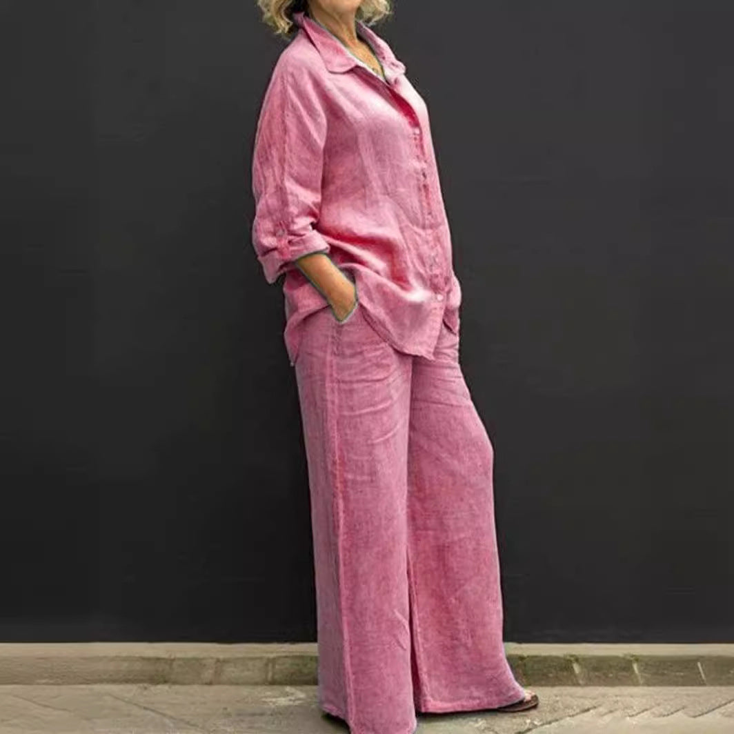 Damen Relaxed-Buttondown-Hemd und High-Waist-Palazzo im Leinenoptik Echo Archiv