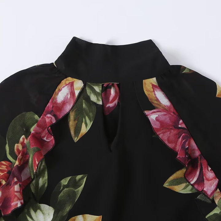 Damen Maxikleid mit Blumenprint, Stufenrock und Volantärmeln Echoarchiv