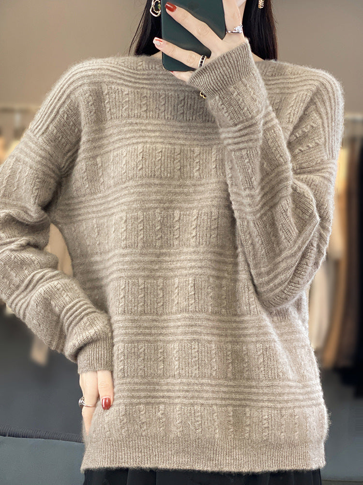 Damen Oversize-Feinstrickpullover mit Strukturblöcken, Mohair‑Look und Rundhalsausschnitt Echoarchiv