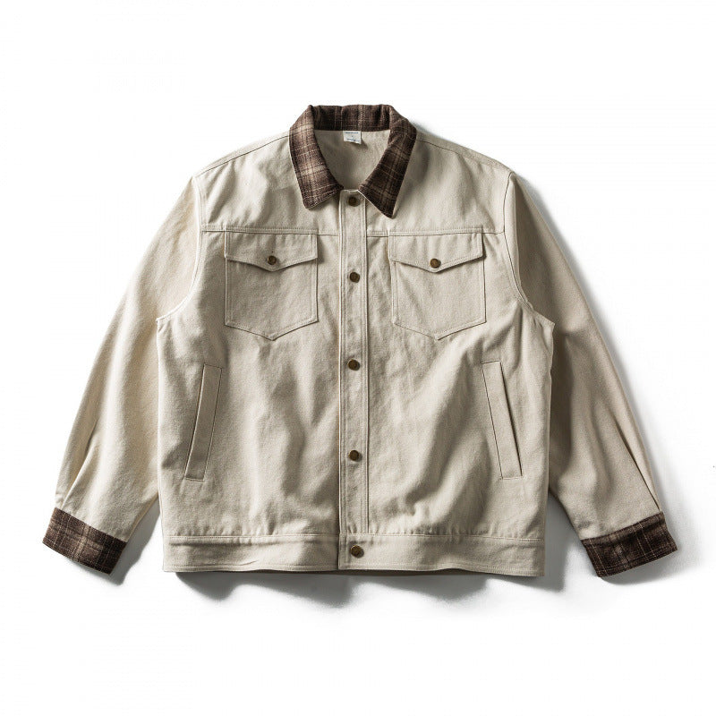 Herren Oversize-Truckerjacke aus Canvas mit Kontrast-Karo-Kragen und aufgesetzten Brusttaschen Echo Archiv