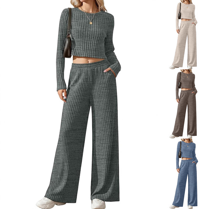 Damen Geripptes Feinstrick-Lounge-Set mit Cropped Langarmtop und High-Waist Palazzohose Echoarchiv