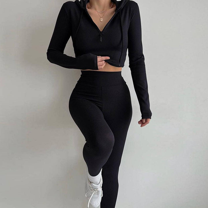Damen figurnahes Rippjersey-Halbzip-Set mit tailliertem Longsleeve und High-Waist-Leggings – Avérine