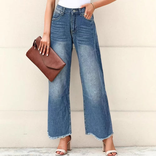 Damen weite Denim-Jeans mit kreativem Muster und fransigem Saum Echo Archiv