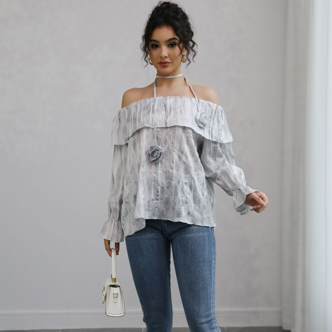 Damen Schulterfreies Crinkle-Blusentop mit Volant, Ballonärmeln und Choker – Élovi