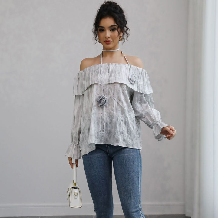 Damen Schulterfreies Crinkle-Blusentop mit Volant, Ballonärmeln und Choker – Élovi