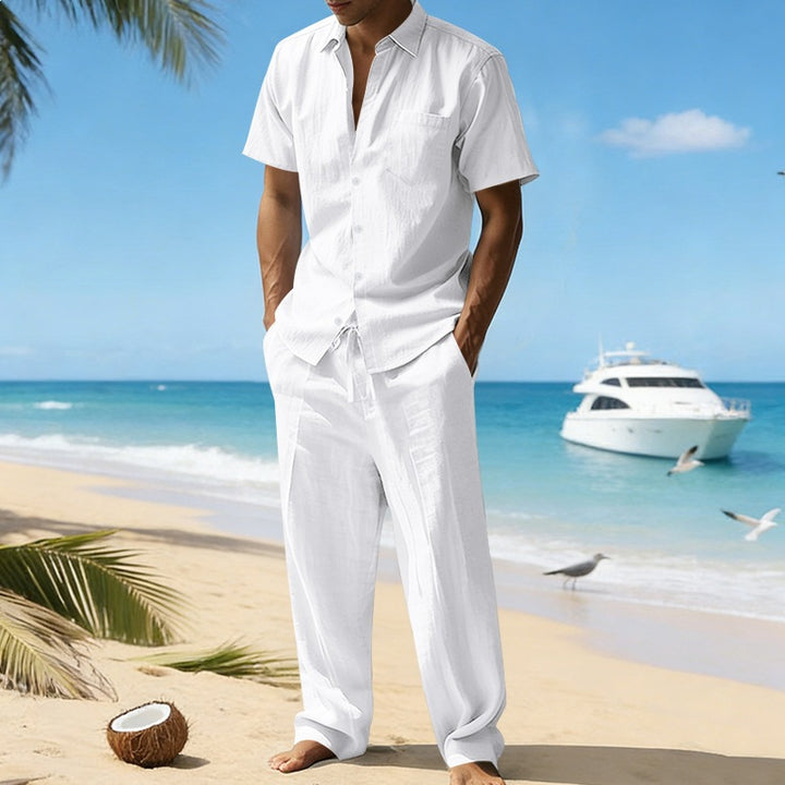 Herren nan resort-taugliches Kurzarm-Hemd mit Brusttasche und lässiger Leinen-Kordelhose Echo Archiv