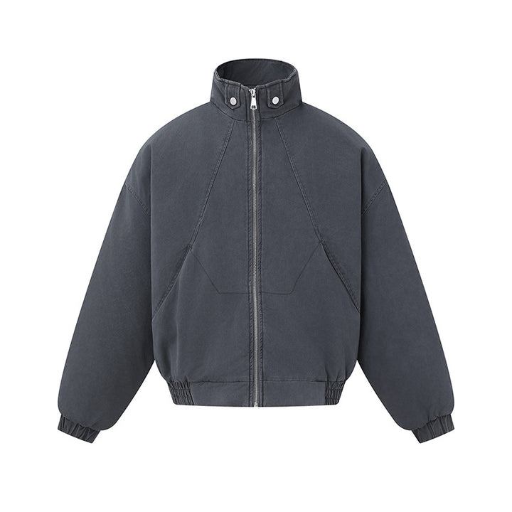 Unisex Boxy-Canvas-Blousonjacke mit hohem Stehkragen, diagonalem Nahtdesign und elastischem Saum Echoarchiv