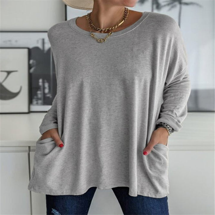 Damen nan oversized Longsleeve-Tunika mit Rundhalsausschnitt, überschnittener Schulter und aufgesetzten Taschen Echo Archiv