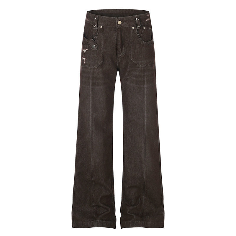 Damen Weite High‑Waist Denimhose mit geradem Bein und Utility‑Pattentaschen Echoarchiv